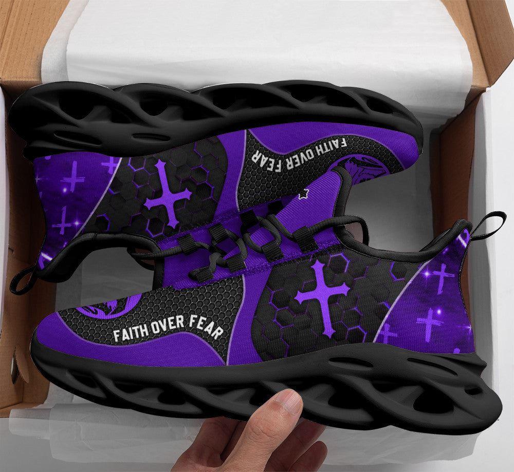 Christian Soul Shoes, Max Soul Shoes, Jesus Faith Over Fear Running Sneakers Purple Max Soul Shoes, Jesus Shoes, Jesus Christ Shoes