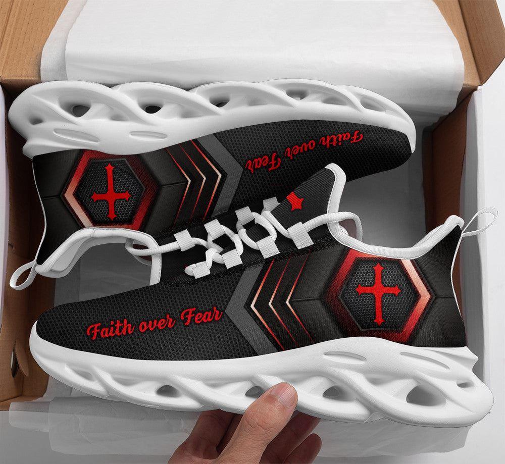 Christian Soul Shoes, Max Soul Shoes, Jesus Faith Over Fear Running Sneakers Red Black Max Soul Shoes, Jesus Shoes, Jesus Christ Shoes