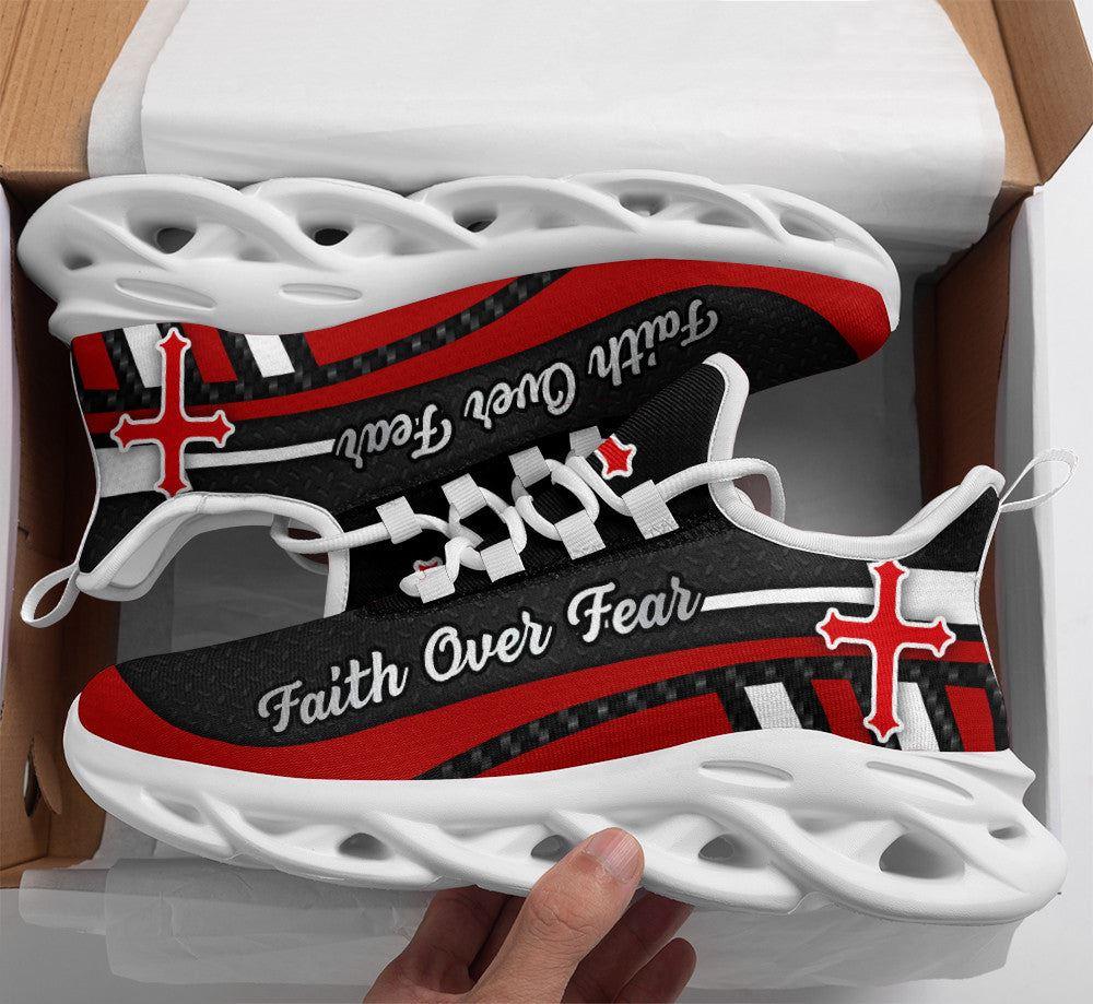 Christian Soul Shoes, Max Soul Shoes, Red Black Jesus Faith Over Fear Running Sneakers Max Soul Shoes, Jesus Shoes, Jesus Christ Shoes