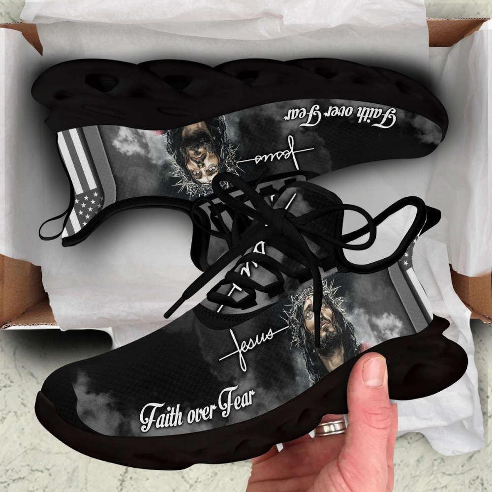 Christian Soul Shoes, Max Soul Shoes, White And Black Jesus Faith Over Fear Running Sneakers Max Soul Shoes, Jesus Shoes, Jesus Christ Shoes