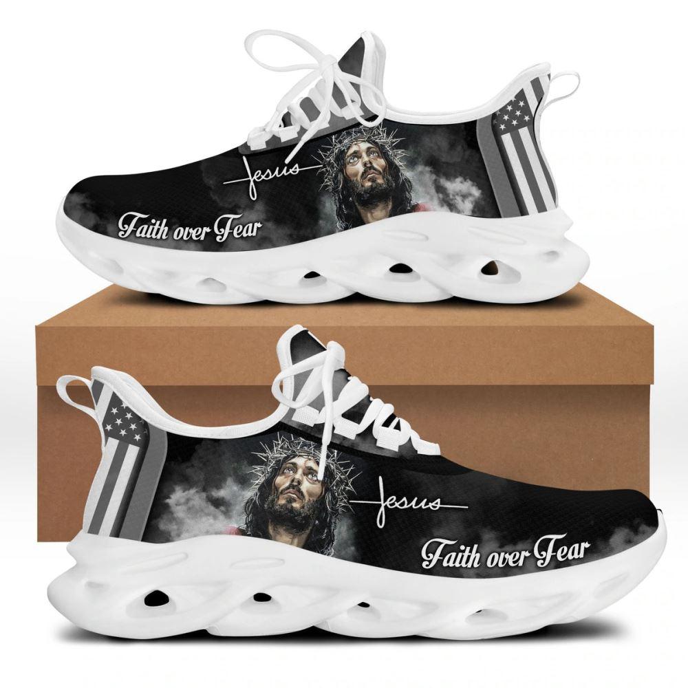 Christian Soul Shoes, Max Soul Shoes, White And Black Jesus Faith Over Fear Running Sneakers Max Soul Shoes, Jesus Shoes, Jesus Christ Shoes