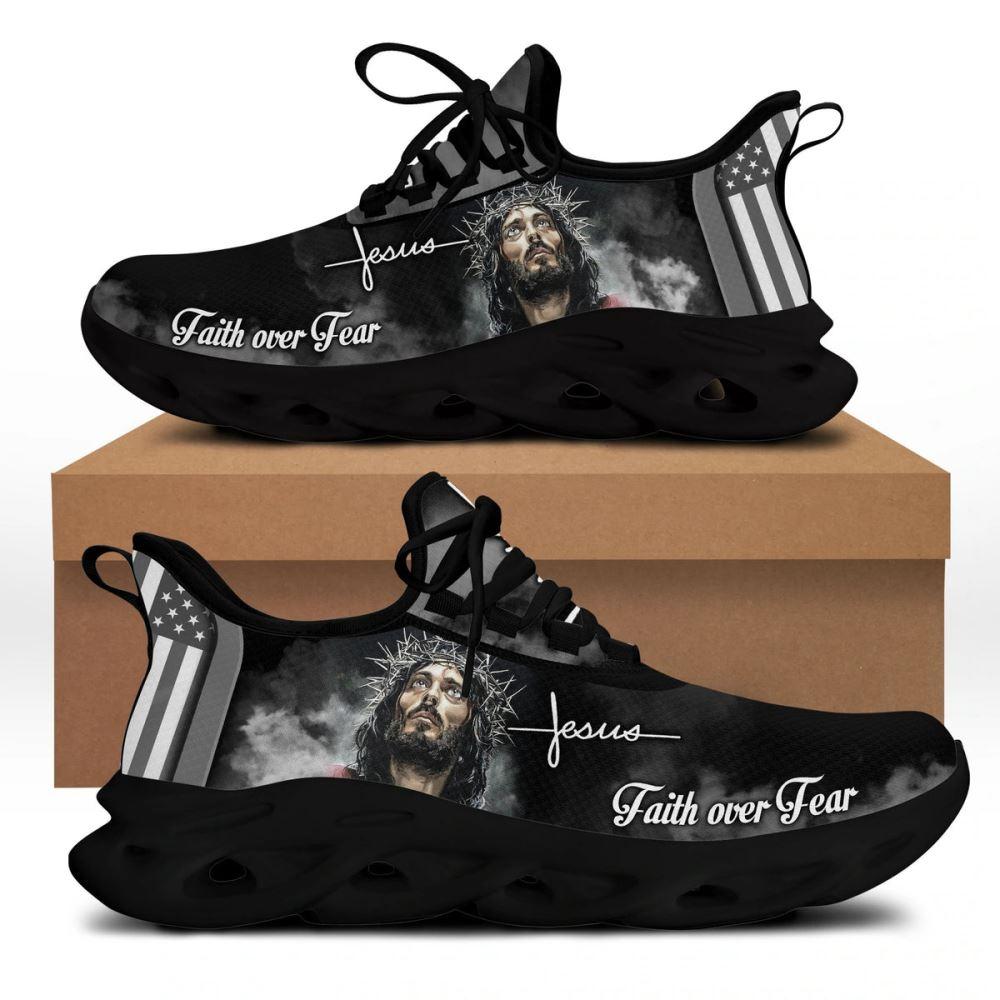 Christian Soul Shoes, Max Soul Shoes, White And Black Jesus Faith Over Fear Running Sneakers Max Soul Shoes, Jesus Shoes, Jesus Christ Shoes