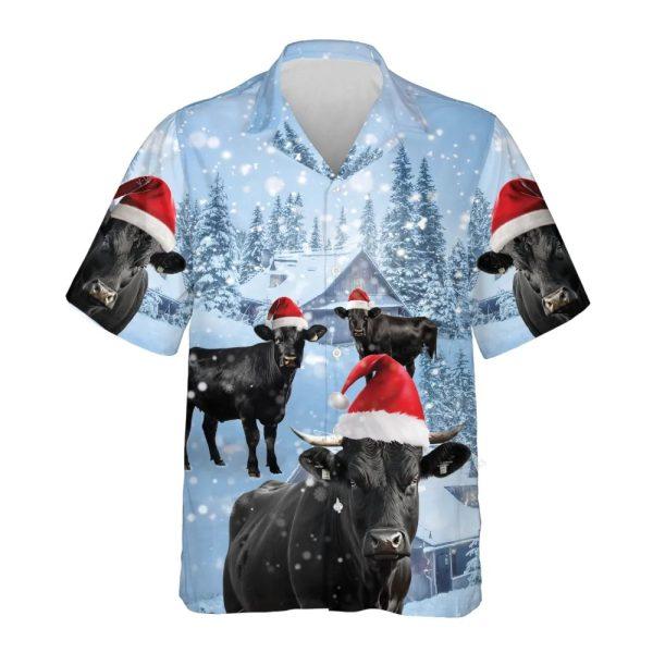 Christmas Hawaiian Shirt, Black Angus Cow Snowy Christmas Hawaiian Shirts, Xmas Hawaiian Shirts
