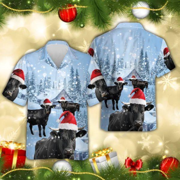 Christmas Hawaiian Shirt, Black Angus Cow Snowy Christmas Hawaiian Shirts, Xmas Hawaiian Shirts