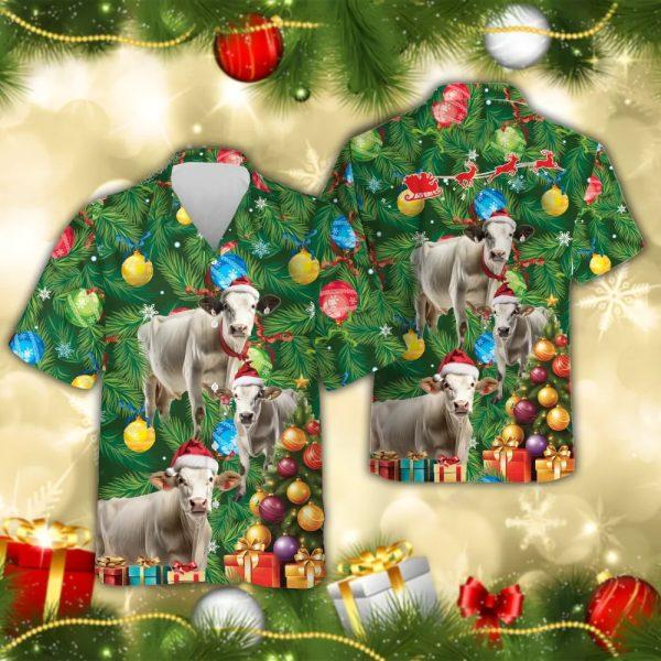 Christmas Hawaiian Shirt, Brahman Cow Christmas Tree Hawaiian Beach Shirts, Xmas Hawaiian Shirts