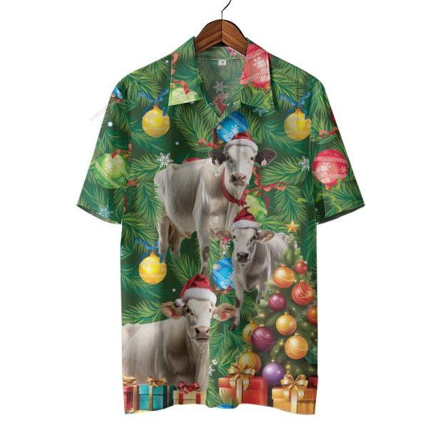 Christmas Hawaiian Shirt, Brahman Cow Christmas Tree Hawaiian Beach Shirts, Xmas Hawaiian Shirts