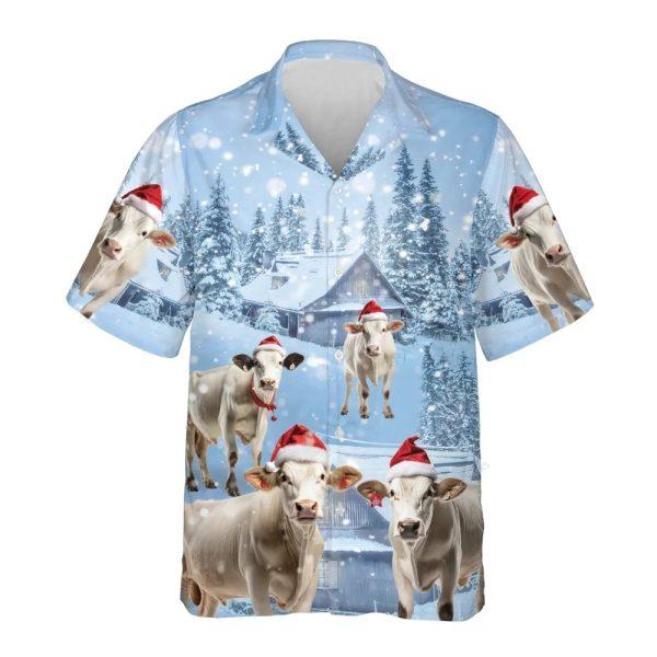 Christmas Hawaiian Shirt, Brahman Cow Snowy Christmas Hawaiian Beach Shirts, Xmas Hawaiian Shirts