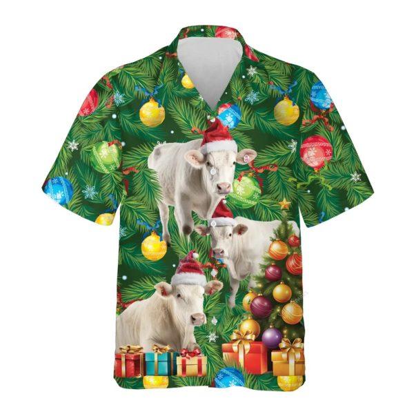 Christmas Hawaiian Shirt, Charolais Cow Christmas Tree Hawaiian Beach Shirts, Xmas Hawaiian Shirts