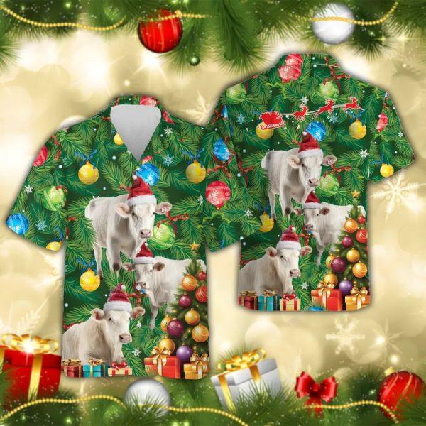 Christmas Hawaiian Shirt, Charolais Cow Christmas Tree Hawaiian Beach Shirts, Xmas Hawaiian Shirts