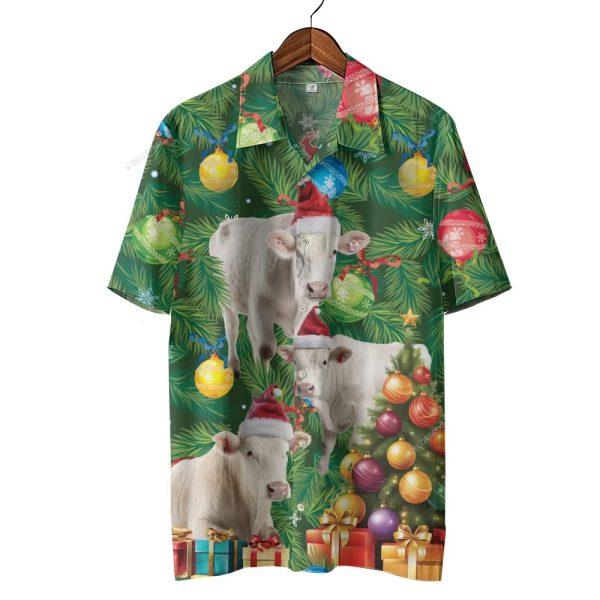 Christmas Hawaiian Shirt, Charolais Cow Christmas Tree Hawaiian Beach Shirts, Xmas Hawaiian Shirts