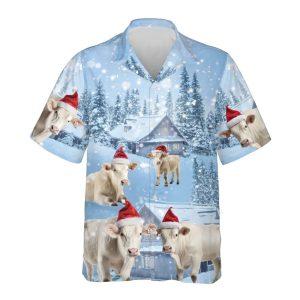 Christmas Hawaiian Shirt, Charolais Cow Snowy Christmas…