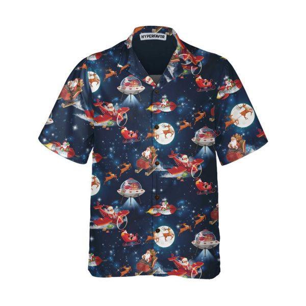 Christmas Hawaiian Shirt, Christmas In Space Christmas Hawaiian Shirt With Santa Claus And Reindeer Pattern, Xmas Hawaiian Shirts