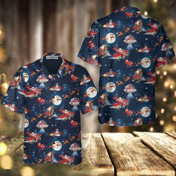 Christmas Hawaiian Shirt, Christmas In Space Christmas Hawaiian Shirt With Santa Claus And Reindeer Pattern, Xmas Hawaiian Shirts