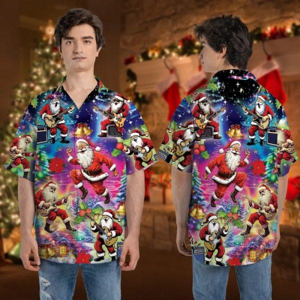 Christmas Hawaiian Shirt, Christmas Music Button Down Santa Plays Guitar Bass Button Down Hawaiian Shirt, Xmas Hawaiian Shirts