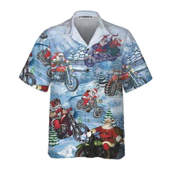 Christmas Hawaiian Shirt, Driving With Santa On Christmas Hawaiian Shirt Motorcycle Christmas Shirt, Xmas Hawaiian Shirts