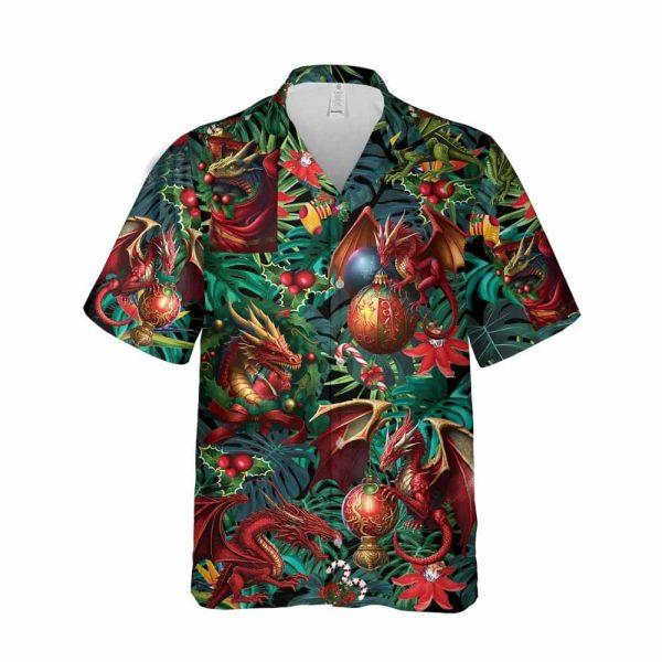 Christmas Hawaiian Shirt, Red Dragon Fire Unisex Hawaiian Shirt, Xmas Hawaiian Shirts