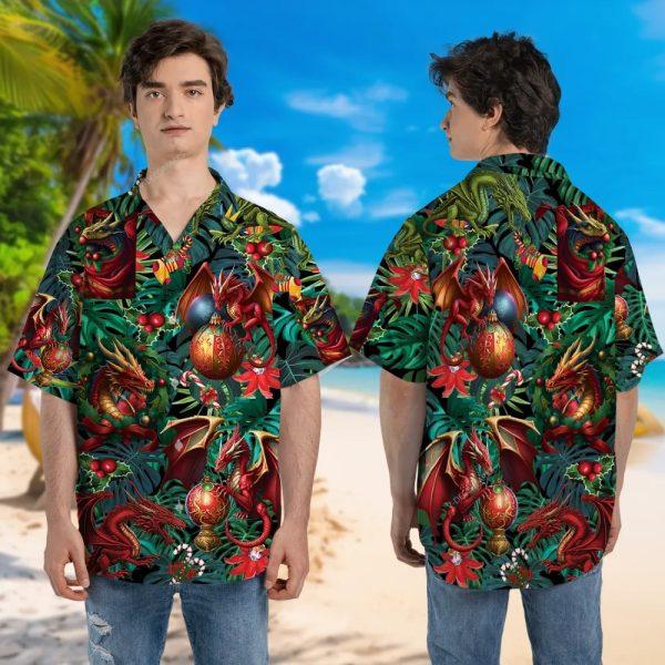 Christmas Hawaiian Shirt, Red Dragon Fire Unisex Hawaiian Shirt, Xmas Hawaiian Shirts