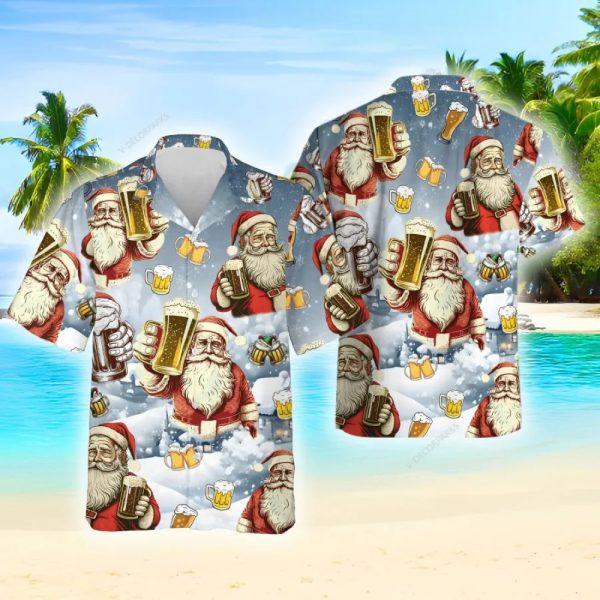 Christmas Hawaiian Shirt, Santa Beer Hawaiian Shirt For Men Women, Xmas Hawaiian Shirts