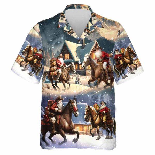 Christmas Hawaiian Shirt, Santa Cowboy Hawaiian Shirts, Horse Racing Summer Beach Shirts, Xmas Hawaiian Shirts