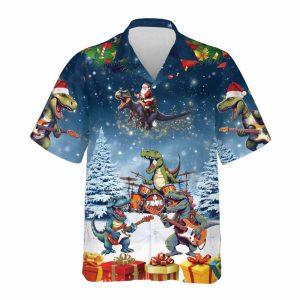 Christmas Hawaiian Shirt, Santa Dinosaurs Christmas Hawaiian…