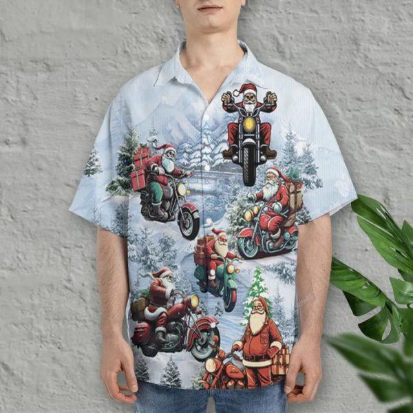 Christmas Hawaiian Shirt, Santa Riding Motorbike Hawaiian Shirt For Men Womens, Xmas Hawaiian Shirts