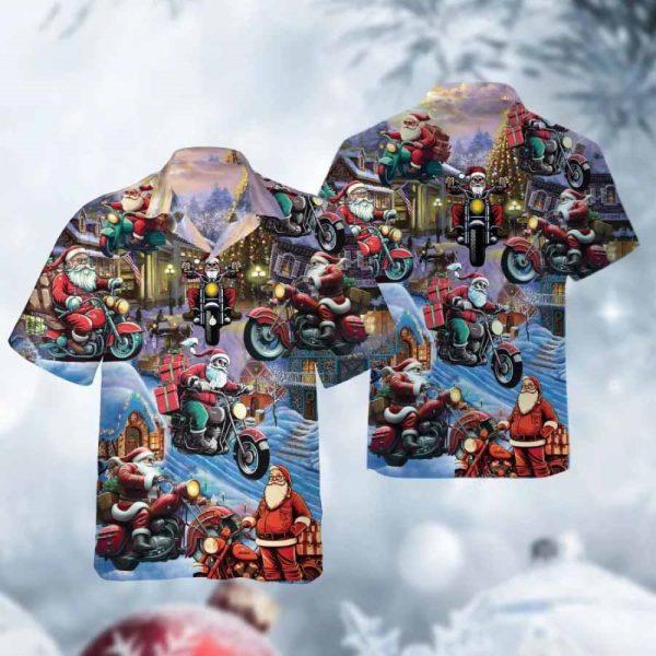 Christmas Hawaiian Shirt, Santa Riding Motorcycle Summer Hawaiian Shirt, Xmas Hawaiian Shirts