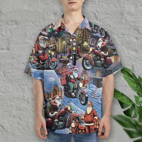 Christmas Hawaiian Shirt, Santa Riding Motorcycle Summer Hawaiian Shirt, Xmas Hawaiian Shirts