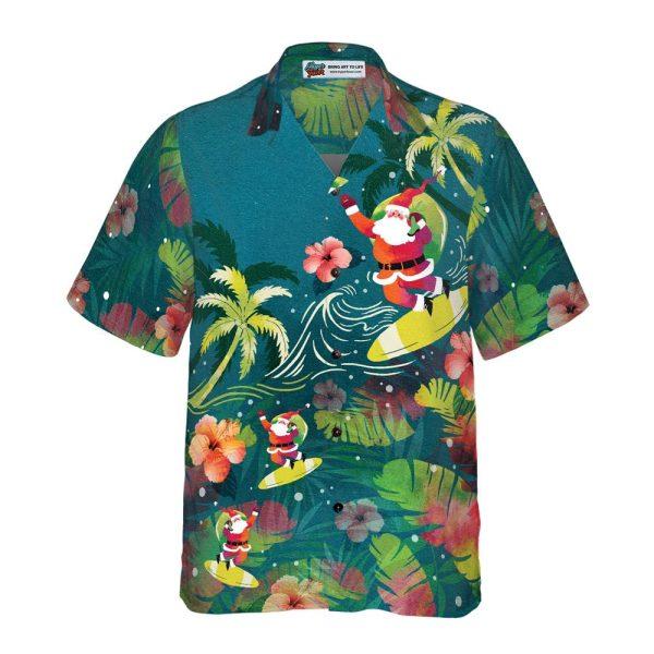 Christmas Hawaiian Shirt, Santa Surfing Tropical Hawaiian Shirt, Xmas Hawaiian Shirts