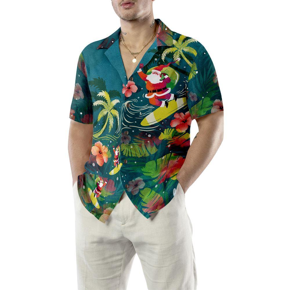 Christmas Hawaiian Shirt, Santa Surfing Tropical Hawaiian Shirt, Xmas Hawaiian Shirts