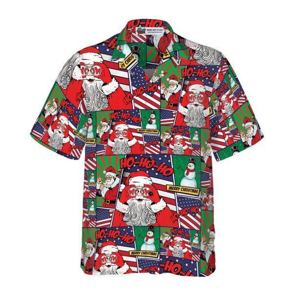 Christmas Hawaiian Shirt, Santa With American Flag Comic Style Hawaiian Shirts, Xmas Hawaiian Shirts