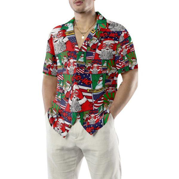 Christmas Hawaiian Shirt, Santa With American Flag Comic Style Hawaiian Shirts, Xmas Hawaiian Shirts