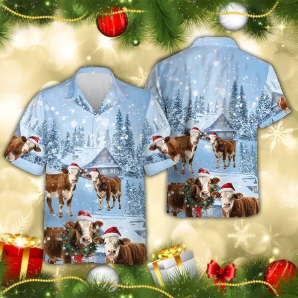 Christmas Hawaiian Shirt, Simmental Cattle Snowy Christmas Farm Hawaiian Shirt, Xmas Hawaiian Shirts