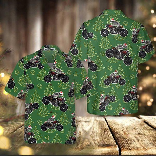 Christmas Hawaiian Shirt, Skeleton Riding Motorcycle Christmas Hawaiian Shirt, Xmas Hawaiian Shirts