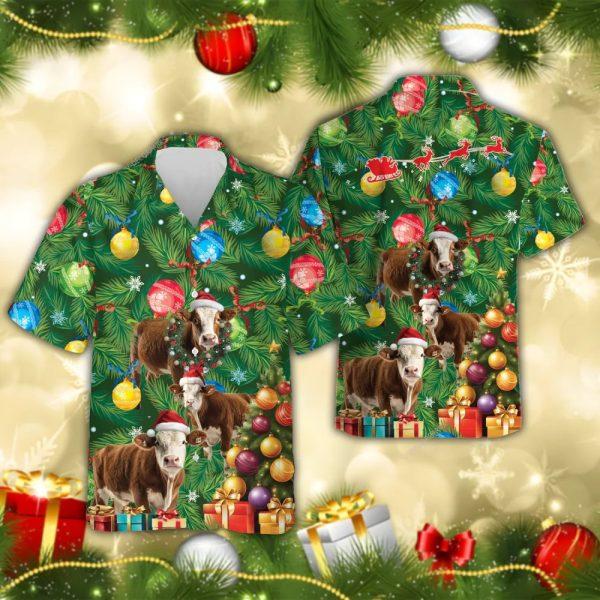 Christmas Hawaiian Shirt, Wreath Shorthorn Cow Christmas Hawaiian Shirts, Xmas Hawaiian Shirts