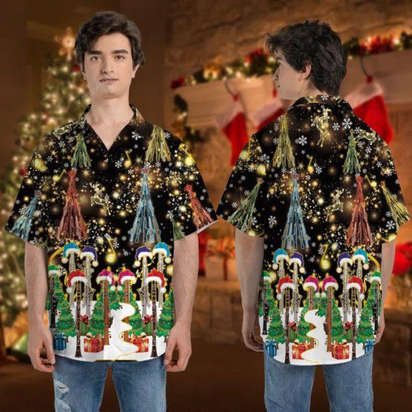 Christmas Hawaiian Shirt, Xmas Clarinet Trumpet Button Down Hawaiian Shirt, Xmas Hawaiian Shirts