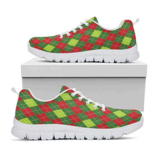 Christmas Sneaker, Green And Red Christmas Argyle Print Running Shoes, Christmas Shoes, Christmas Running Shoes, Christmas Shoes 2023