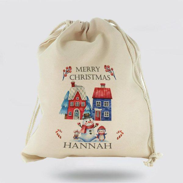 Personalised Christmas Sack, Canvas Sack With Block Text And Christmas Characters And Houses, Xmas Santa Sacks, Christmas Bag Gift