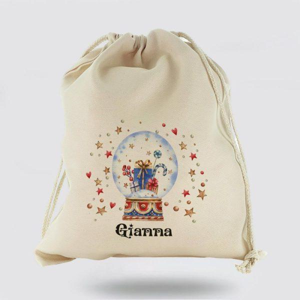 Personalised Christmas Sack, Canvas Sack With Christmas Text And Present Snow Globe, Xmas Santa Sacks, Christmas Bag Gift