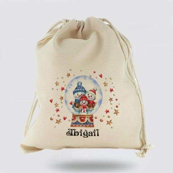 Personalised Christmas Sack, Canvas Sack With Christmas Text And Snowman Family Snow Globe, Xmas Santa Sacks, Christmas Bag Gift