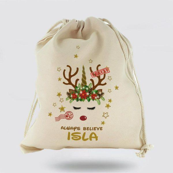 Personalised Christmas Sack, Canvas Sack With Cute Gold Text And Decorated Reindeer Unicorn, Xmas Santa Sacks, Christmas Bag Gift
