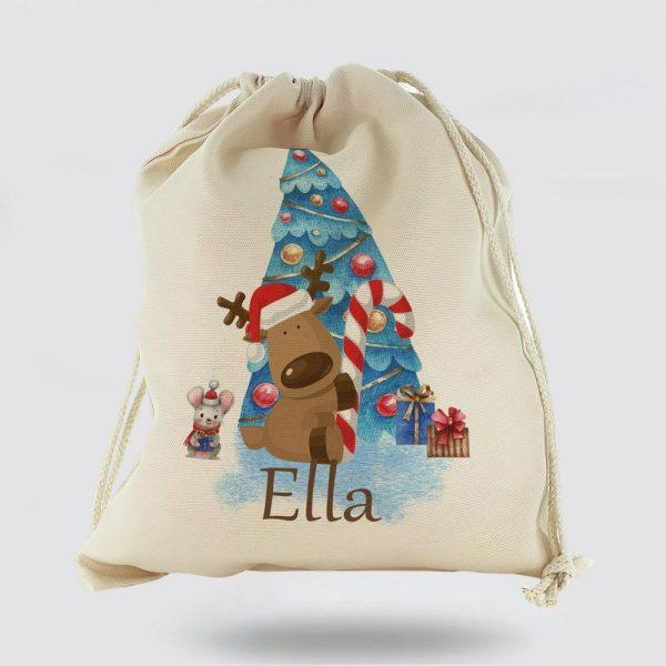 Personalised Christmas Sack, Canvas Sack With Cute Text And Blue Christmas Tree Reindeer And Mouse, Xmas Santa Sacks, Christmas Bag Gift
