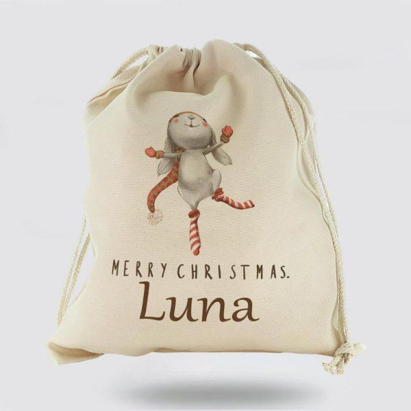 Personalised Christmas Sack, Canvas Sack With Cute Text And Dancing Grey Rabbit, Xmas Santa Sacks, Christmas Bag Gift