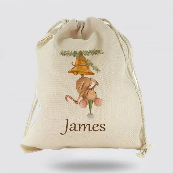 Personalised Christmas Sack, Canvas Sack With Cute Text And Playful Mouse in Bell, Xmas Santa Sacks, Christmas Bag Gift