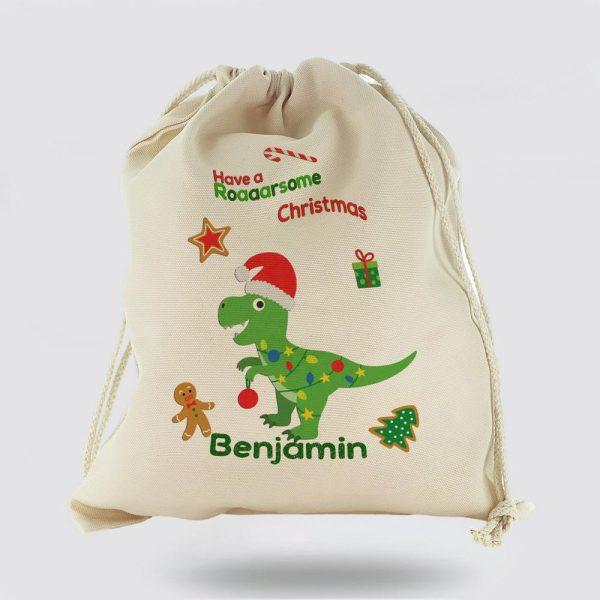 Personalised Christmas Sack, Canvas Sack With Dino Text And Christmas Lights on Green Dinosaur, Xmas Santa Sacks, Christmas Bag Gift