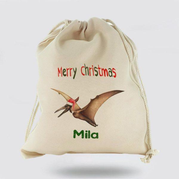 Personalised Christmas Sack, Canvas Sack With Dino Text And Flying Santa Hat Dinosaur, Xmas Santa Sacks, Christmas Bag Gift