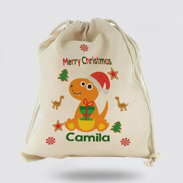Personalised Christmas Sack, Canvas Sack With Dino Text And Orange Gift Giving Dinosaur, Xmas Santa Sacks, Christmas Bag Gift