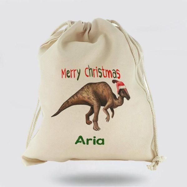 Personalised Christmas Sack, Canvas Sack With Dino Text And Santa Hat Parasaurolophus, Xmas Santa Sacks, Christmas Bag Gift