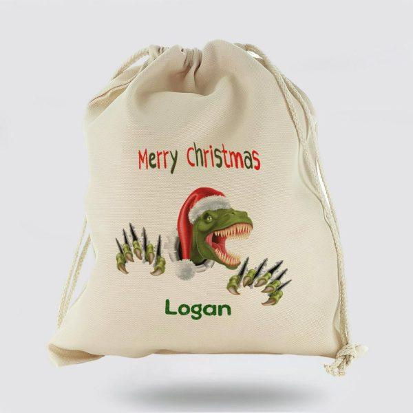 Personalised Christmas Sack, Canvas Sack With Dino Text And Santa Hat Tearing Dinosaur, Xmas Santa Sacks, Christmas Bag Gift