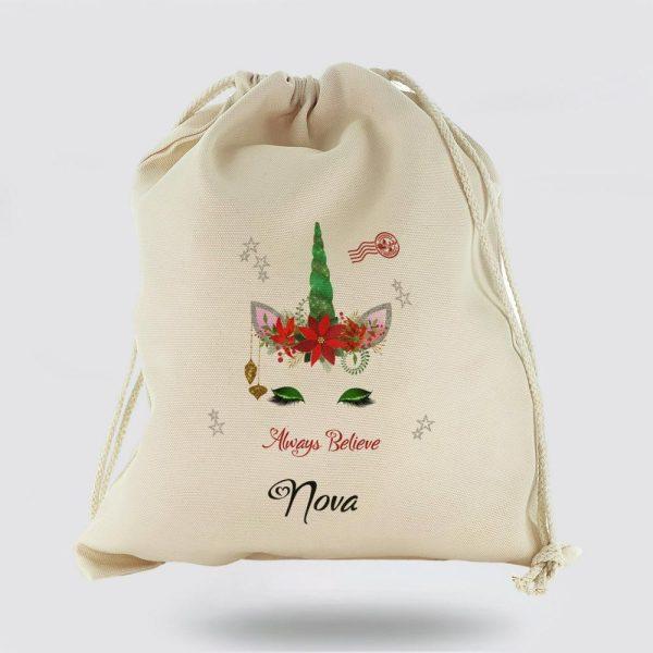 Personalised Christmas Sack, Canvas Sack With Fancy Text And Green Sparkle Reindeer Unicorn, Xmas Santa Sacks, Christmas Bag Gift