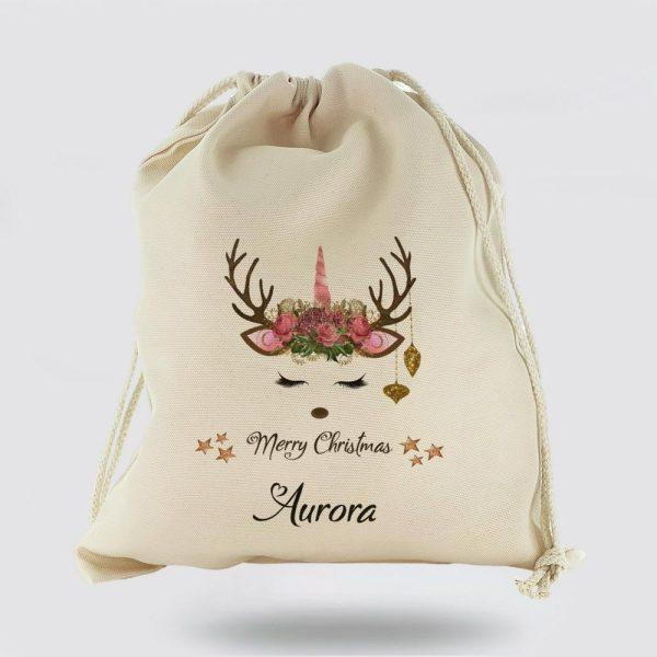 Personalised Christmas Sack, Canvas Sack With Fancy Text And Pink Floral Reindeer Unicorn, Xmas Santa Sacks, Christmas Bag Gift